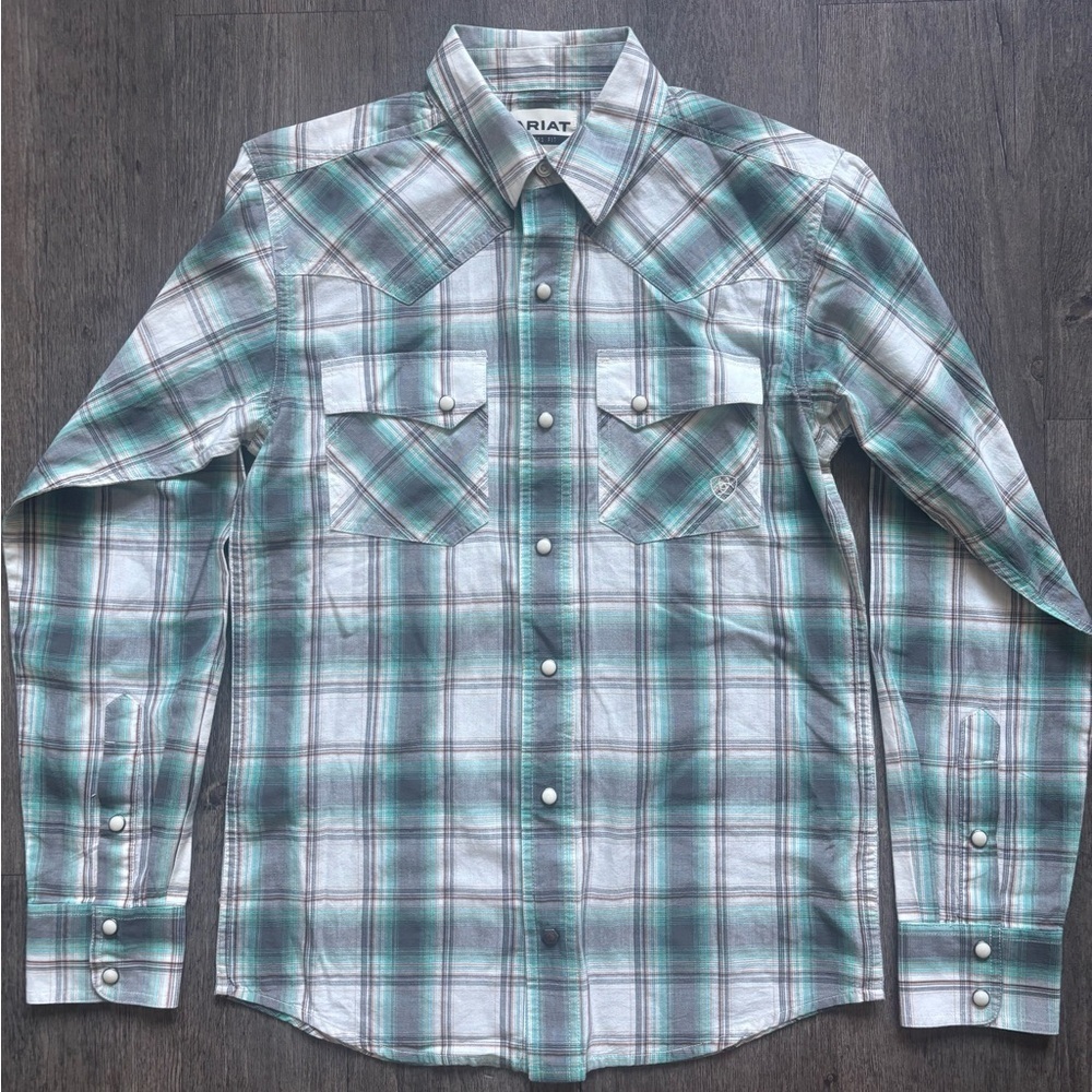 Ariat Men's Teal and White Plaid Button Down Shirt
